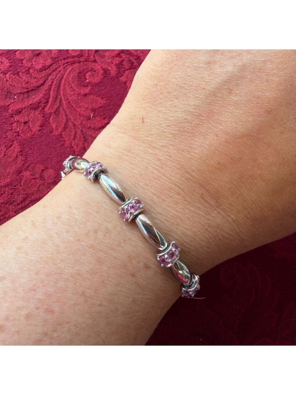 Vintage Sterling Silver Pink Sapphire Station Link Tennis Bracelet 8" Box Clasp